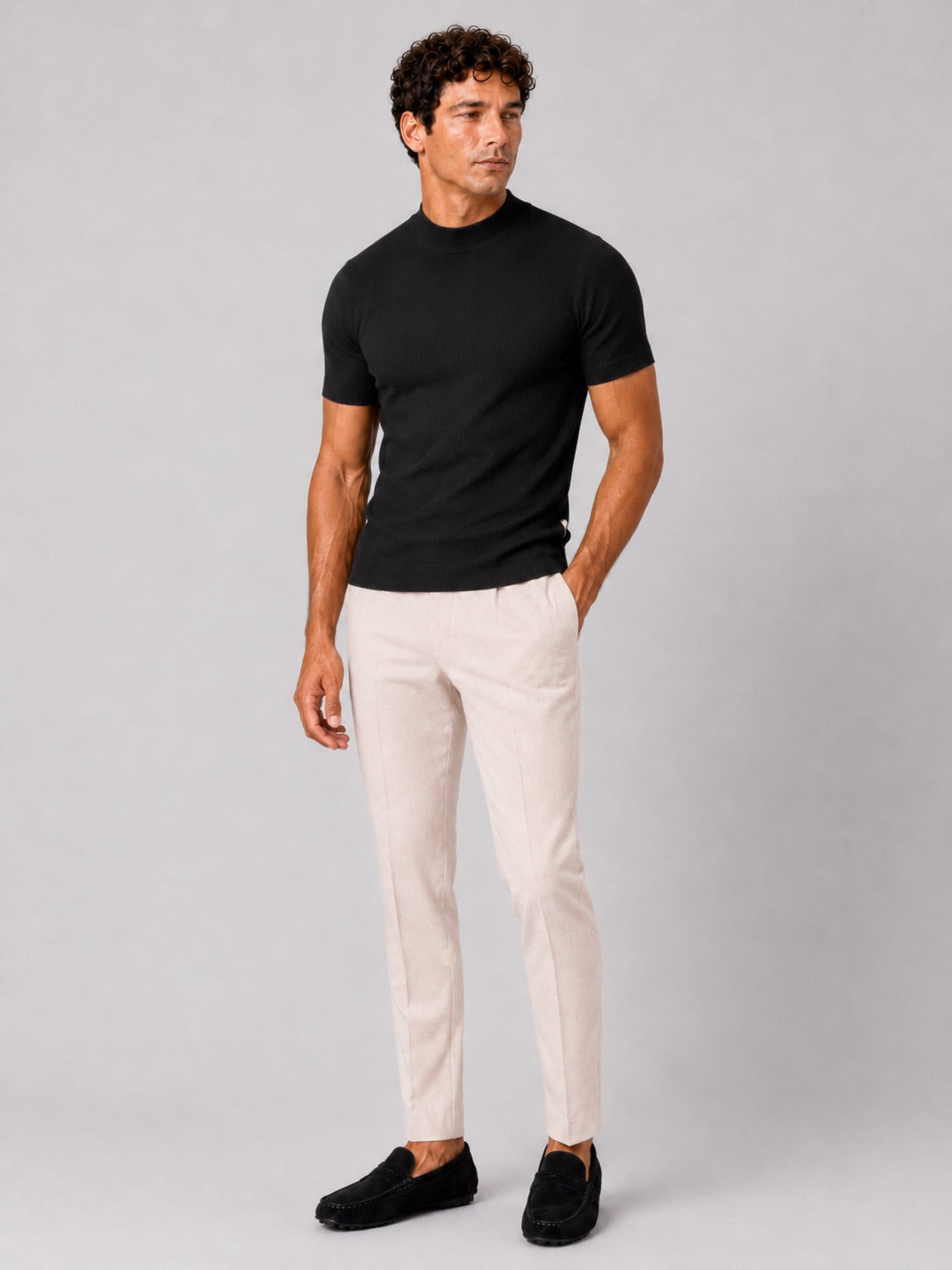 Men’s Mock Neck Ribbed T-Shirt Fitted Stretch Short Sleeve Summer Top