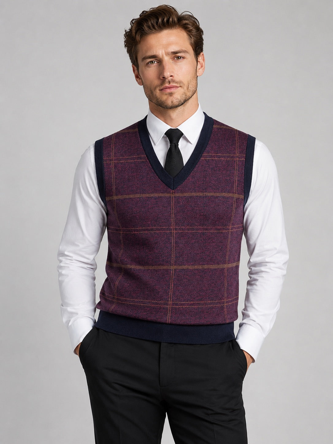 Men’s V-Neck Sleeveless Jumper Diamond Cable Knit Warm Autumn Winter Pullover for Business Casual and Everyday Wear