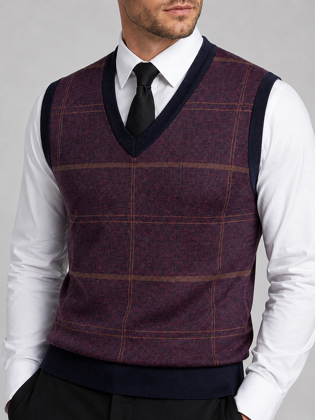 Men’s V-Neck Sleeveless Jumper Diamond Cable Knit Warm Autumn Winter Pullover for Business Casual and Everyday Wear