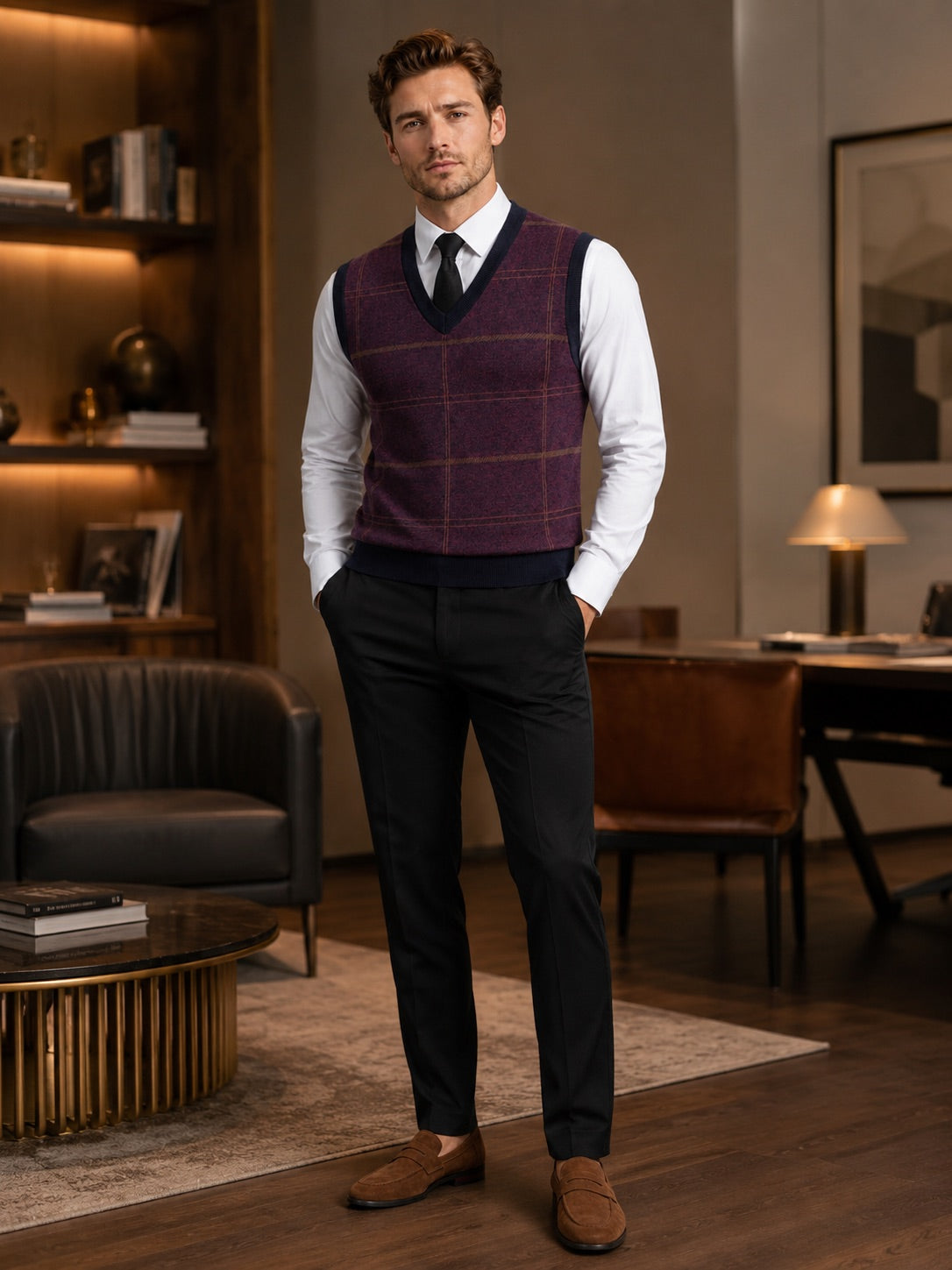 Men’s V-Neck Sleeveless Jumper Diamond Cable Knit Warm Autumn Winter Pullover for Business Casual and Everyday Wear