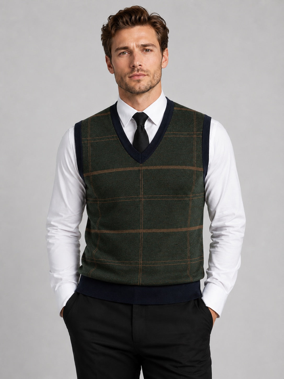 Men’s V-Neck Sleeveless Jumper Diamond Cable Knit Warm Autumn Winter Pullover for Business Casual and Everyday Wear