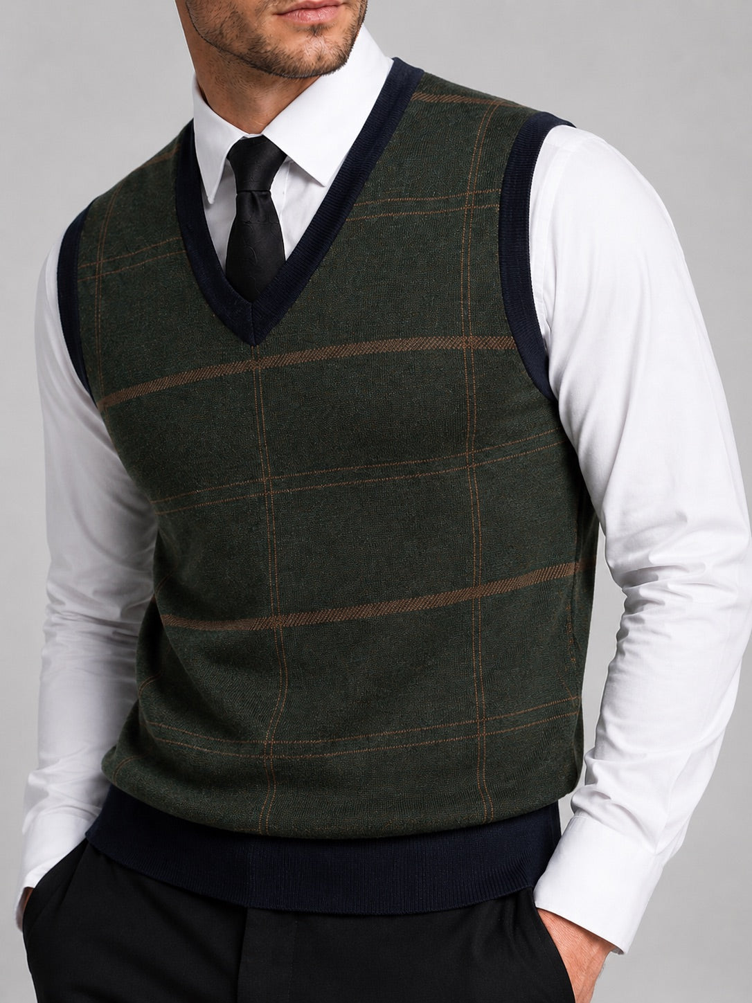 Men’s V-Neck Sleeveless Jumper Diamond Cable Knit Warm Autumn Winter Pullover for Business Casual and Everyday Wear