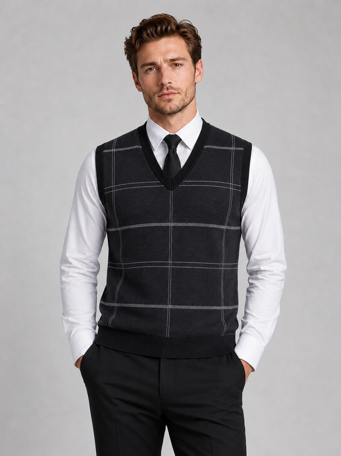 Men’s V-Neck Sleeveless Jumper Diamond Cable Knit Warm Autumn Winter Pullover for Business Casual and Everyday Wear
