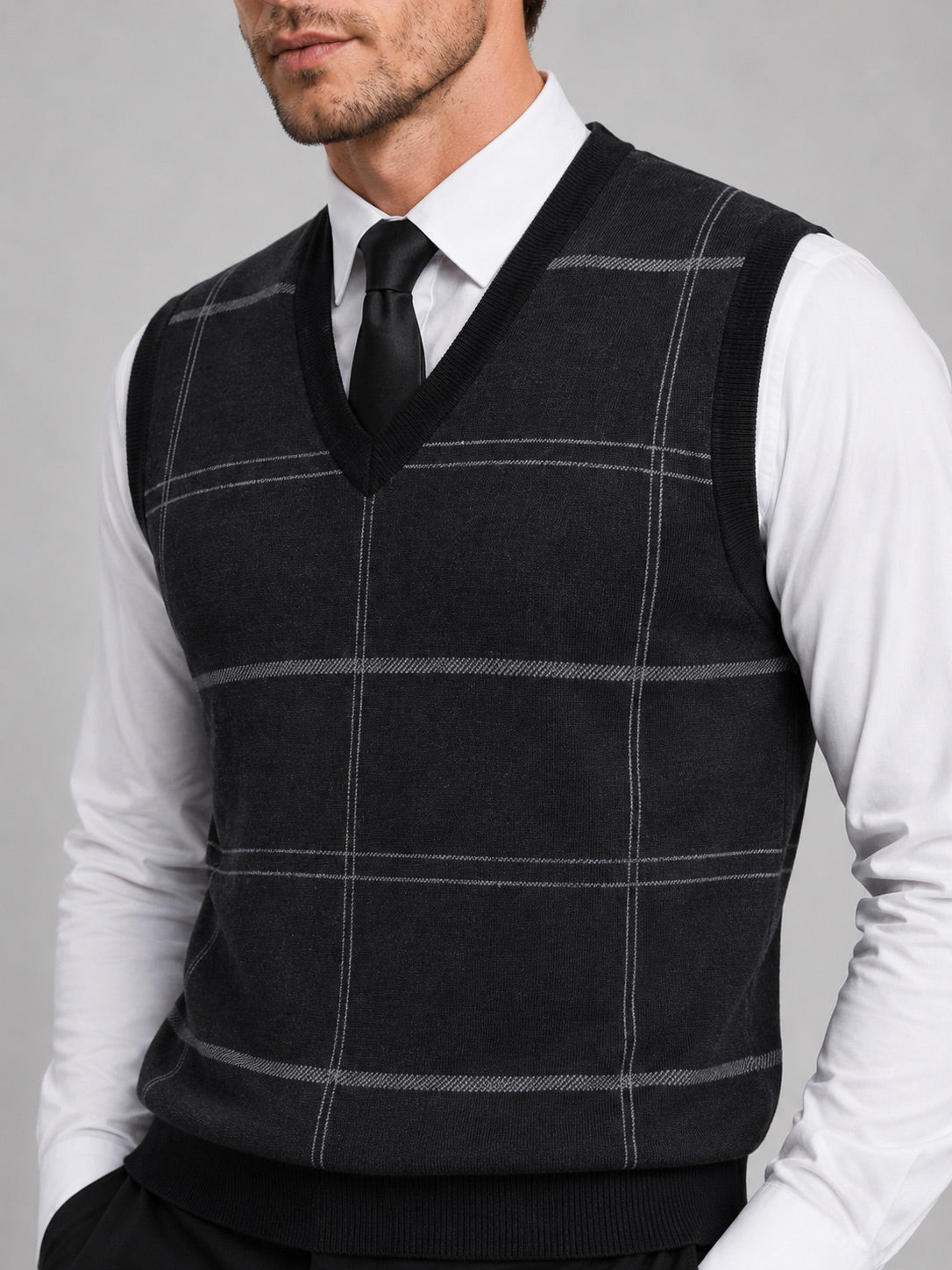 Men’s V-Neck Sleeveless Jumper Diamond Cable Knit Warm Autumn Winter Pullover for Business Casual and Everyday Wear