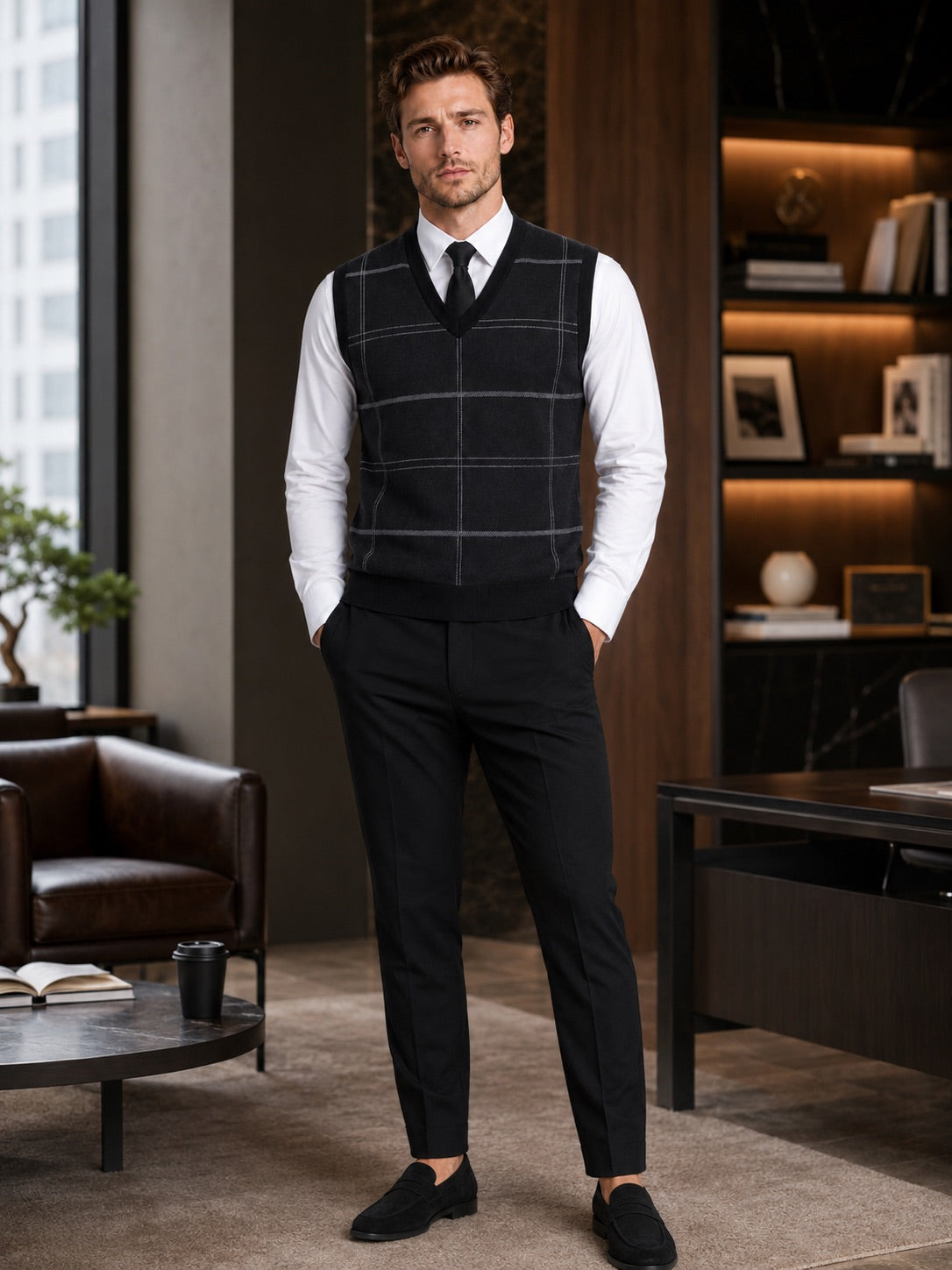 Men’s V-Neck Sleeveless Jumper Diamond Cable Knit Warm Autumn Winter Pullover for Business Casual and Everyday Wear