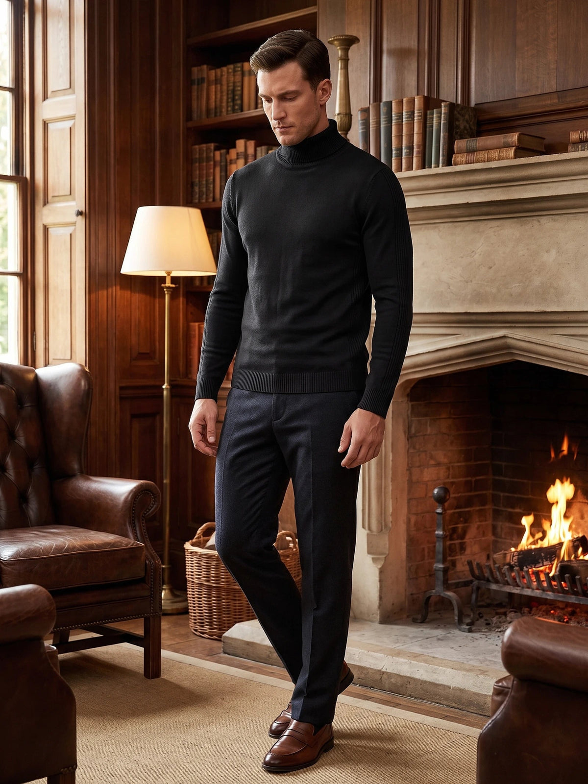 Men's Roll Neck Jumper Slim Fit High Neck Long Sleeve Winter Pullover