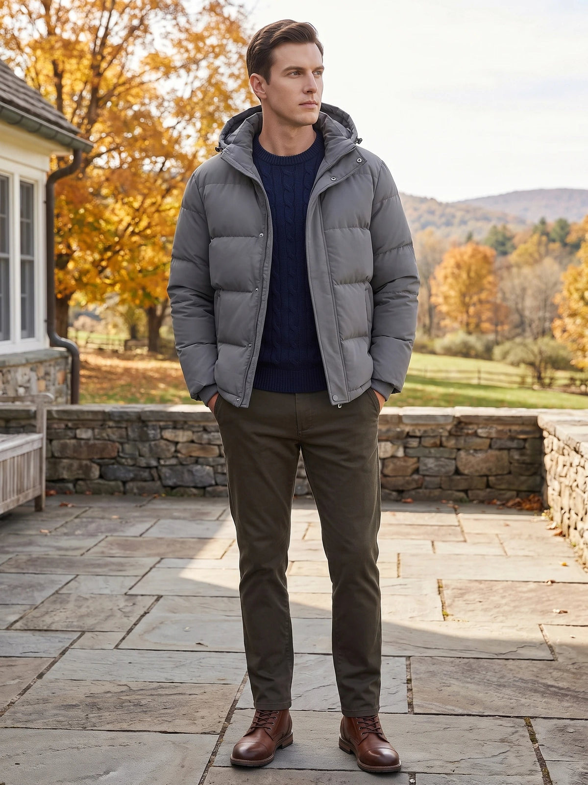 Men's Hooded Puffer Jacket, Water-Resistant Thermal Winter Coat