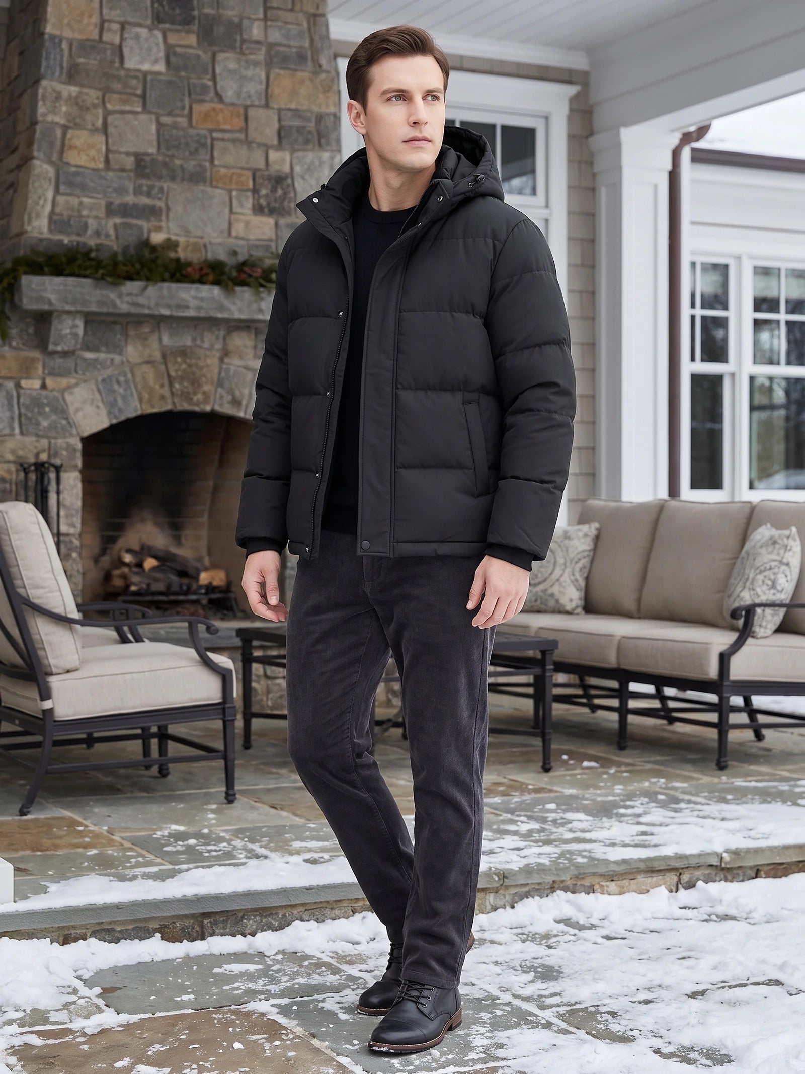 Men's Hooded Puffer Jacket, Water-Resistant Thermal Winter Coat
