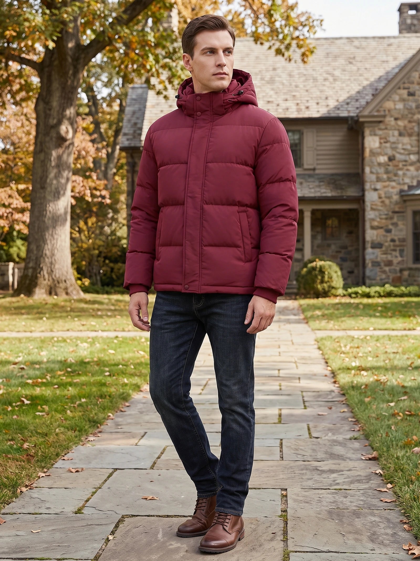 Men's Hooded Puffer Jacket, Water-Resistant Thermal Winter Coat