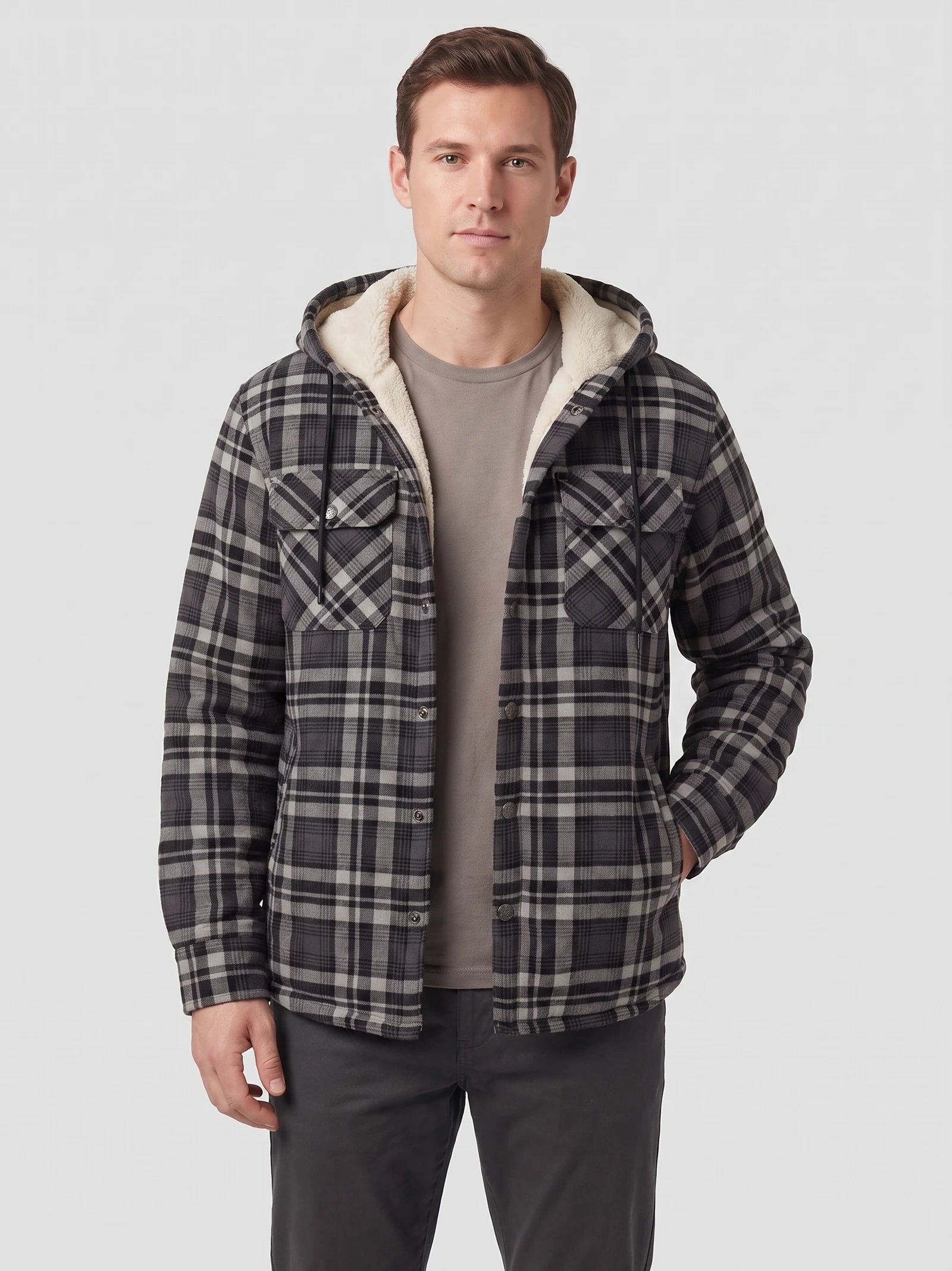 Men's Sherpa Lined Jacket, Hooded Check Button-Down Flannel Jacket