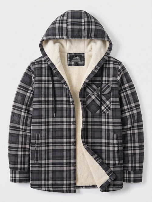 Men's Sherpa Lined Jacket, Hooded Check Button-Down Flannel Jacket