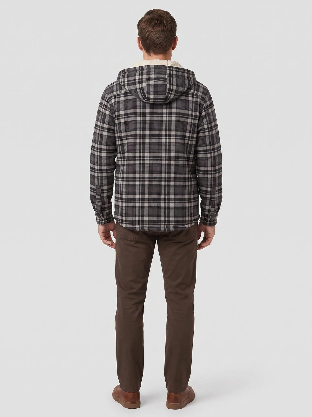 Men's Sherpa Lined Jacket, Hooded Check Button-Down Flannel Jacket