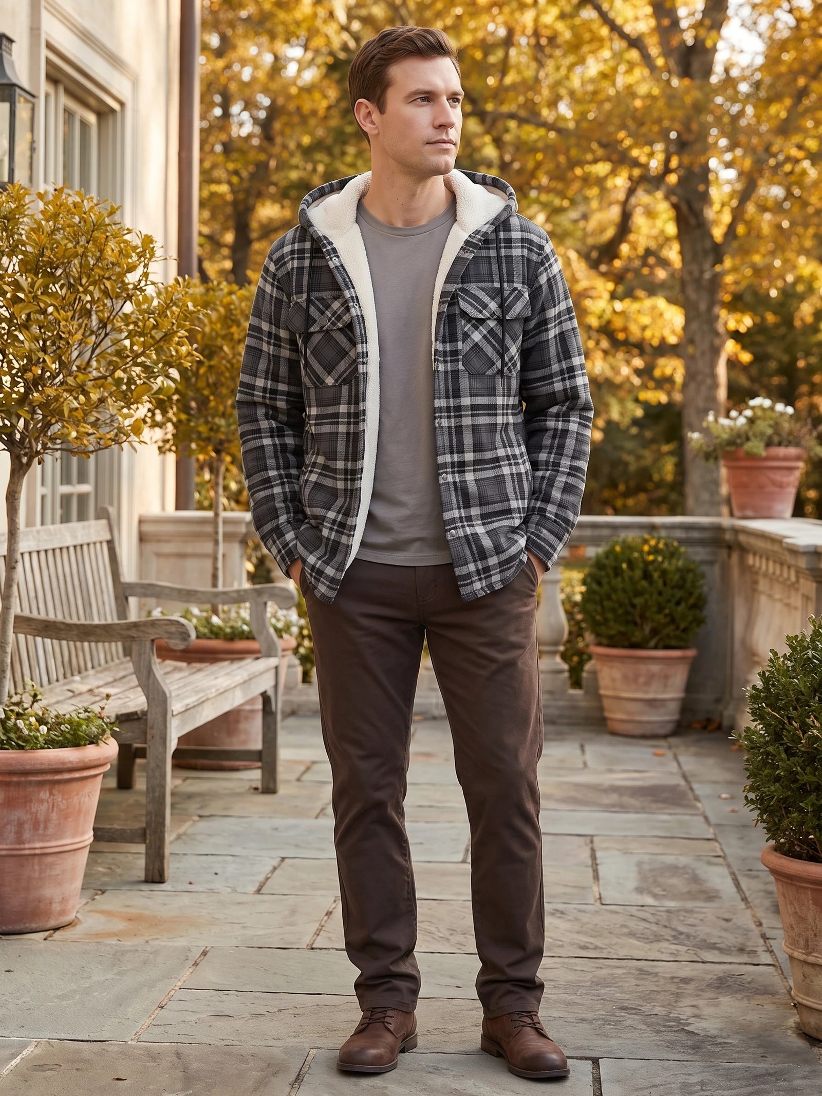 Men's Sherpa Lined Jacket, Hooded Check Button-Down Flannel Jacket