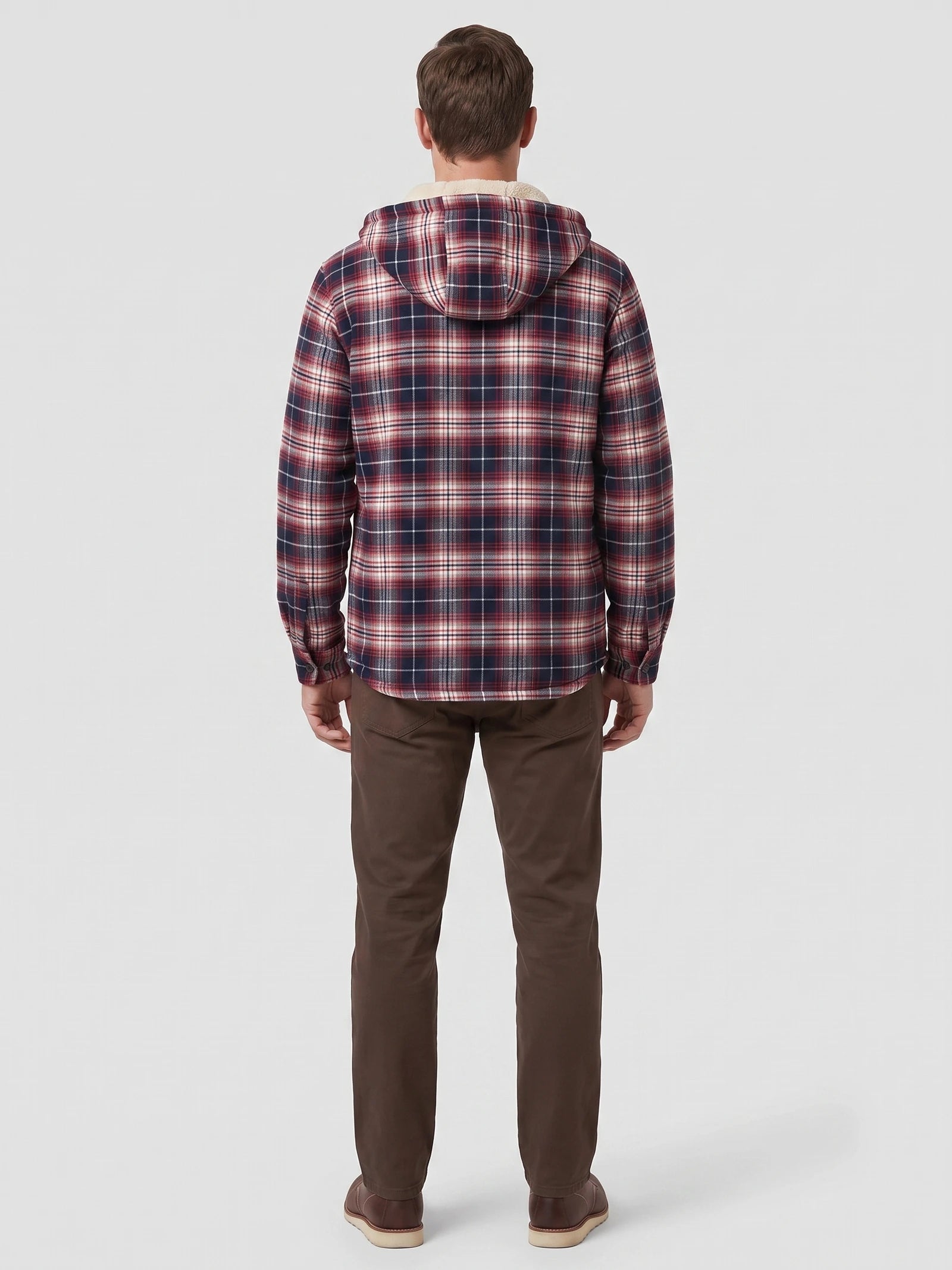 Men's Sherpa Lined Jacket, Hooded Check Button-Down Flannel Jacket