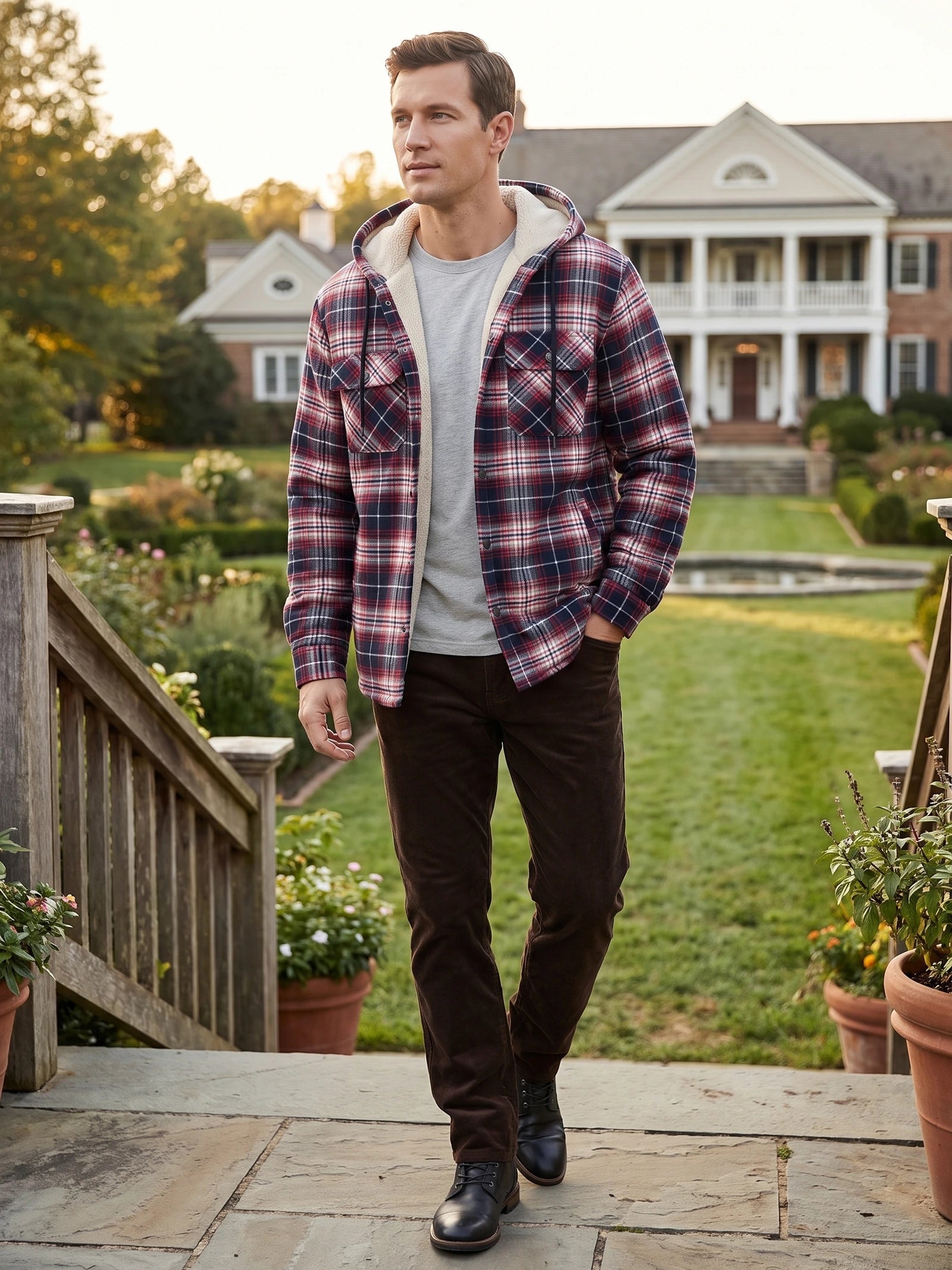 Men's Sherpa Lined Jacket, Hooded Check Button-Down Flannel Jacket