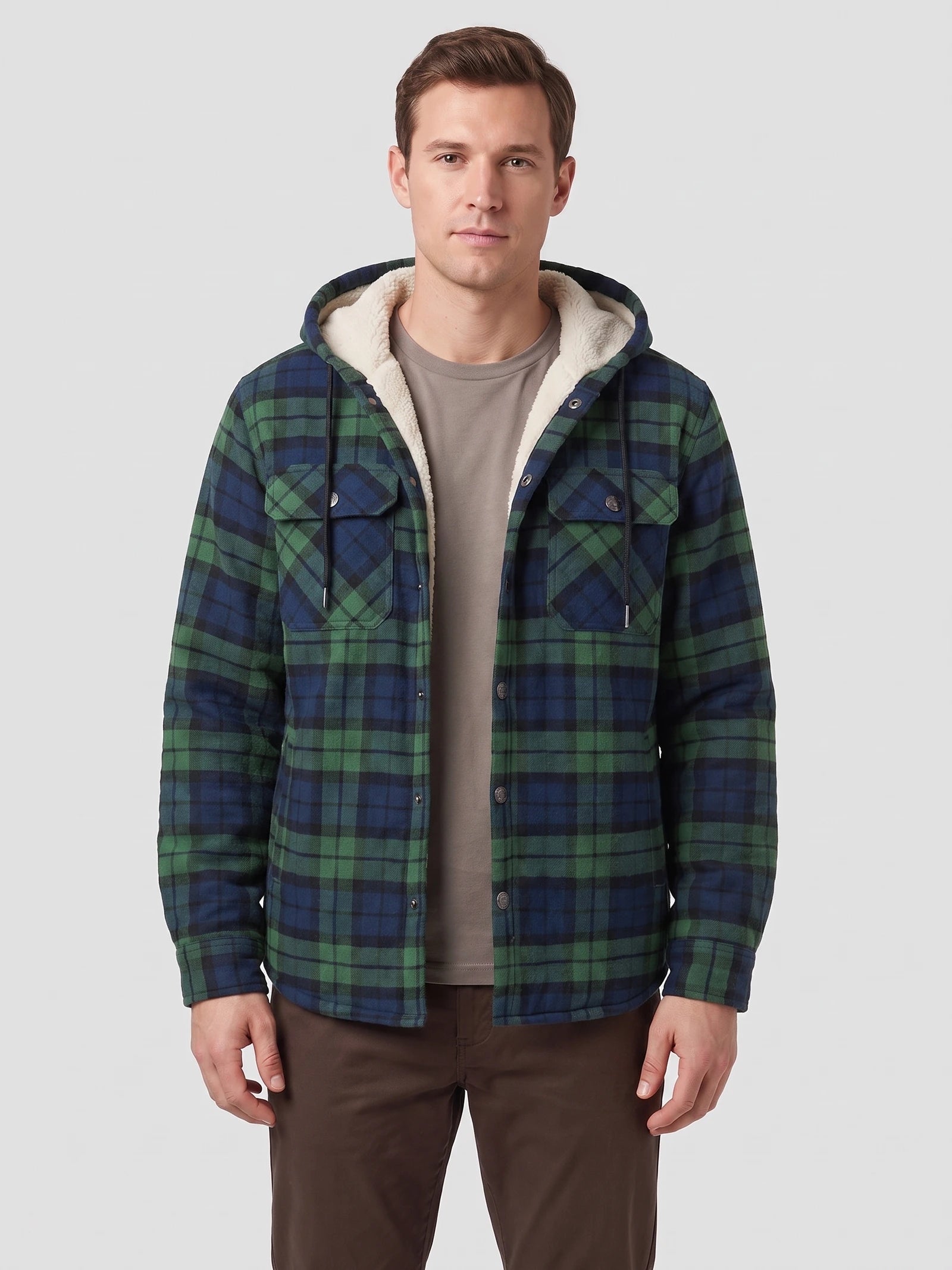Men's Sherpa Lined Jacket, Hooded Check Button-Down Flannel Jacket