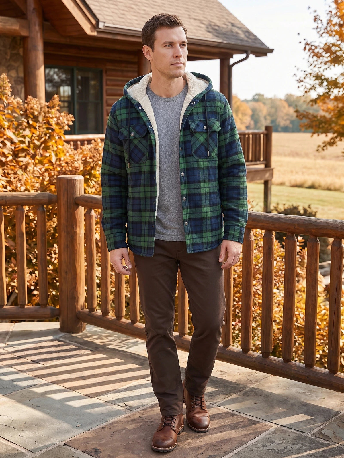 Men's Sherpa Lined Jacket, Hooded Check Button-Down Flannel Jacket