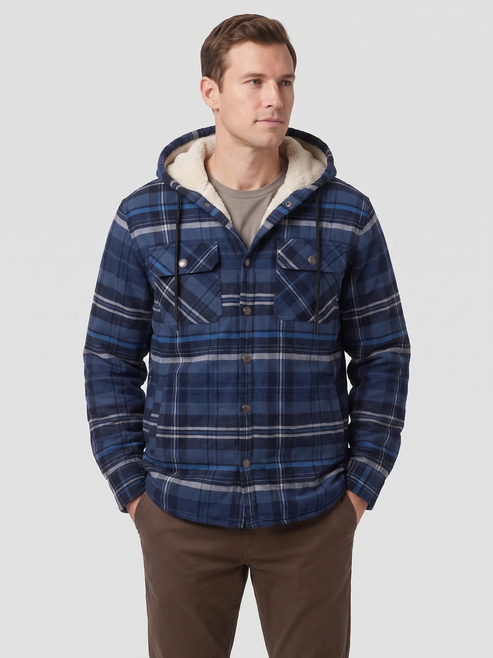 Men's Sherpa Lined Jacket, Hooded Check Button-Down Flannel Jacket