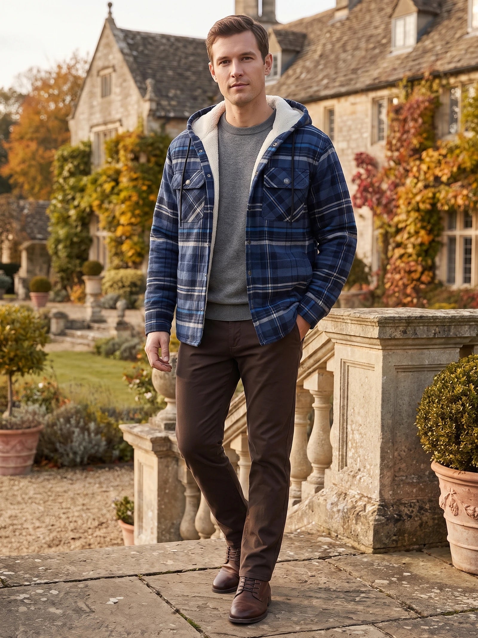 Men's Sherpa Lined Jacket, Hooded Check Button-Down Flannel Jacket