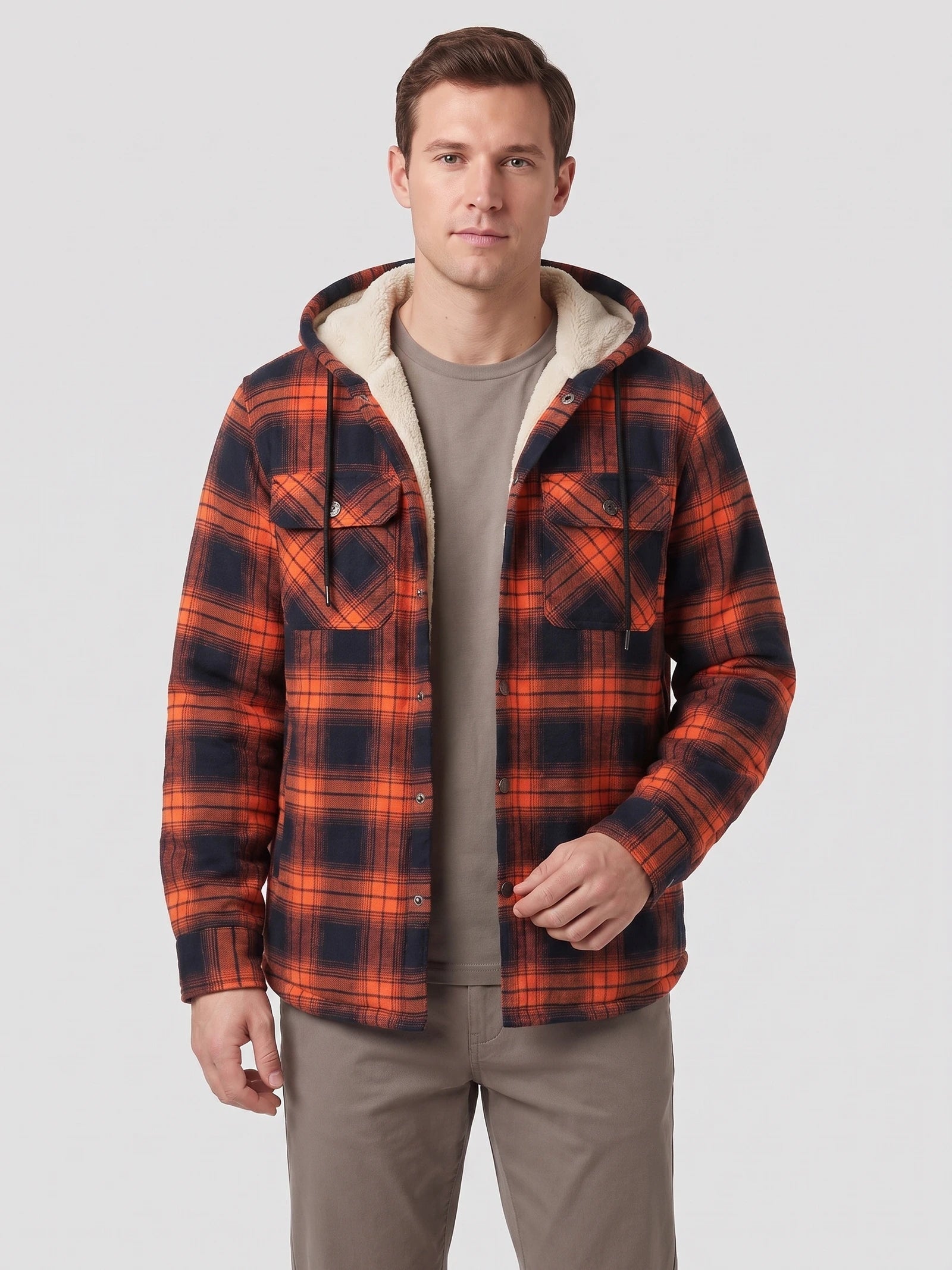Men's Sherpa Lined Jacket, Hooded Check Button-Down Flannel Jacket