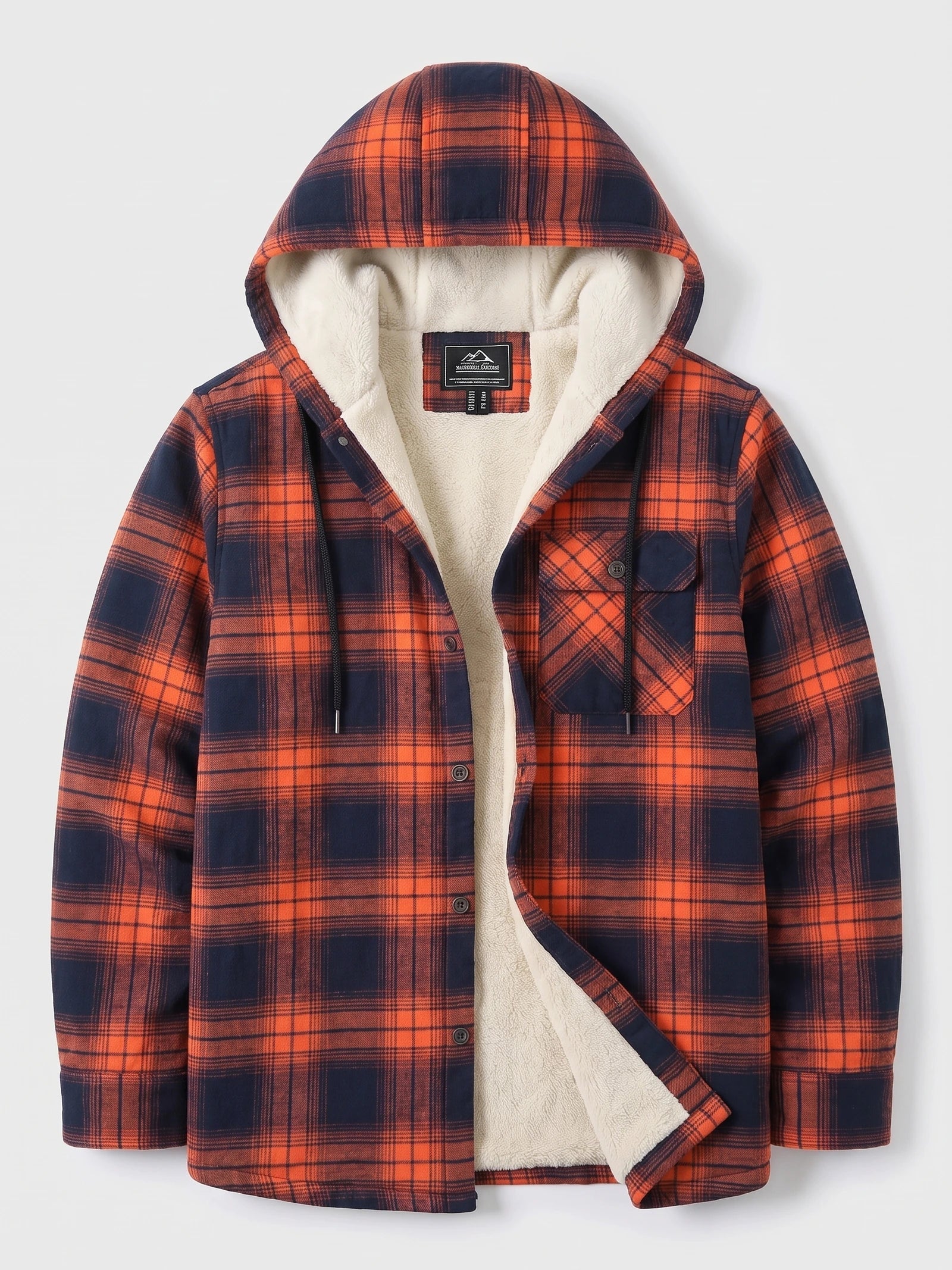 Men's Sherpa Lined Jacket, Hooded Check Button-Down Flannel Jacket