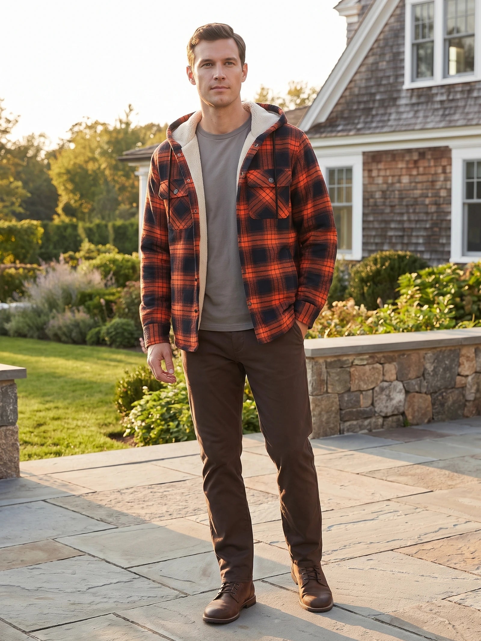 Men's Sherpa Lined Jacket, Hooded Check Button-Down Flannel Jacket