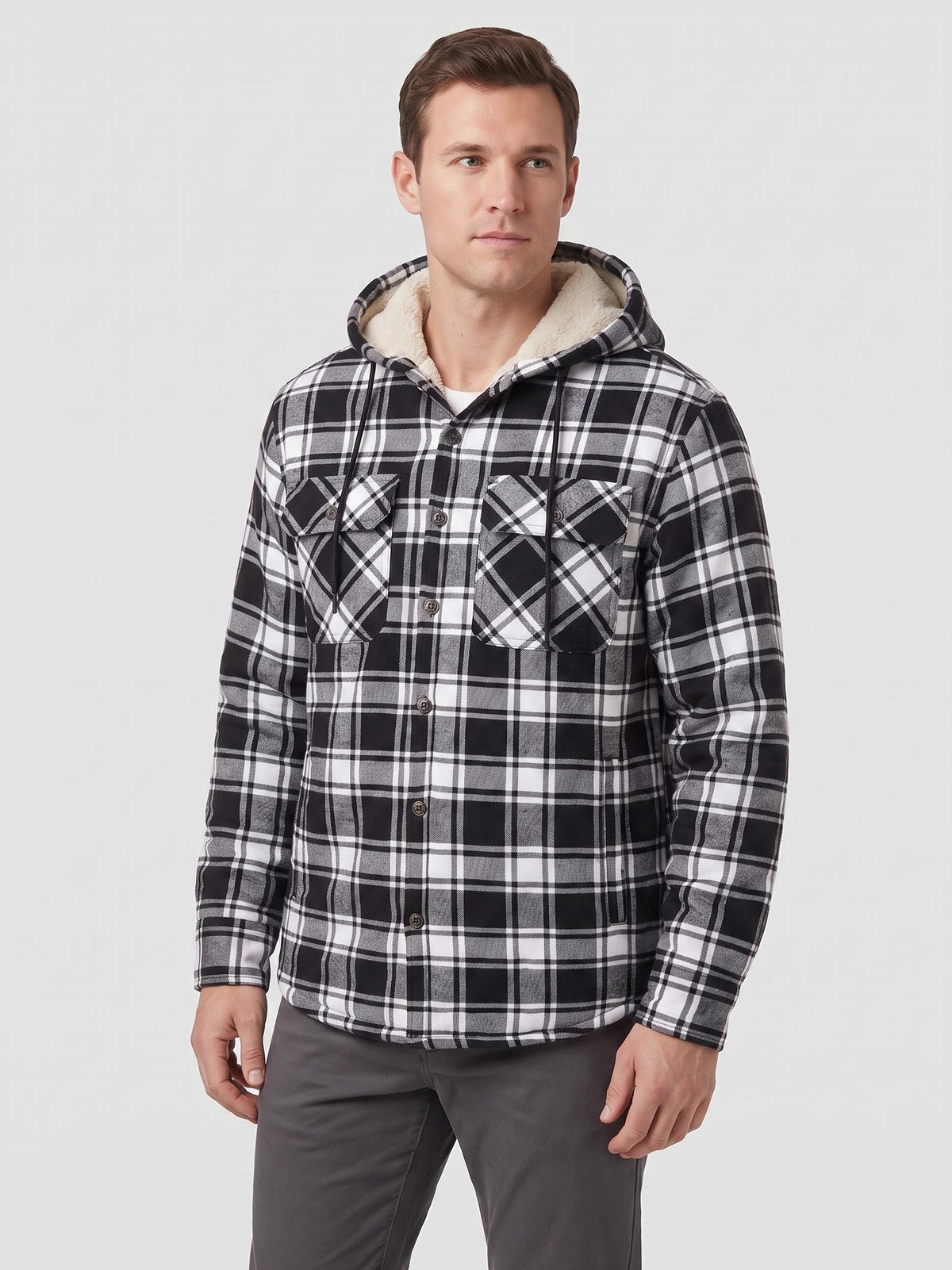 Men's Sherpa Lined Jacket, Hooded Check Button-Down Flannel Jacket