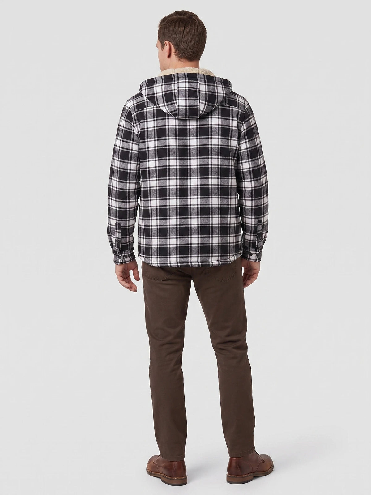 Men's Sherpa Lined Jacket, Hooded Check Button-Down Flannel Jacket