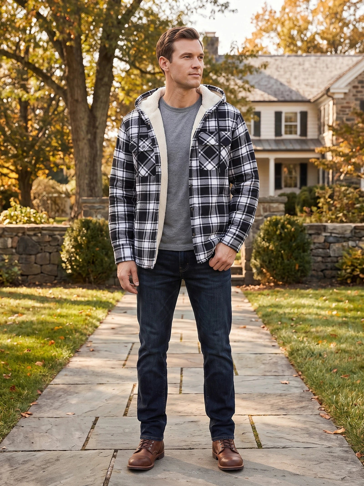 Men's Sherpa Lined Jacket, Hooded Check Button-Down Flannel Jacket