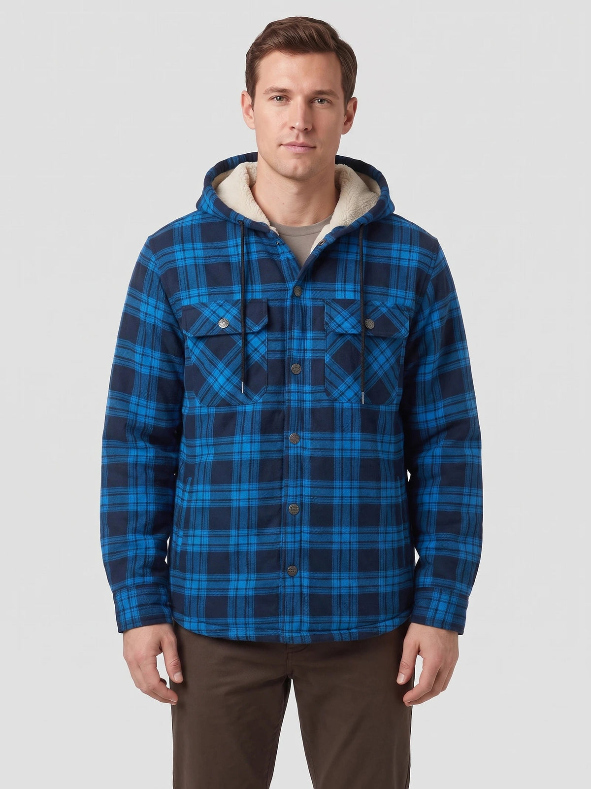 Men's Sherpa Lined Jacket, Hooded Check Button-Down Flannel Jacket