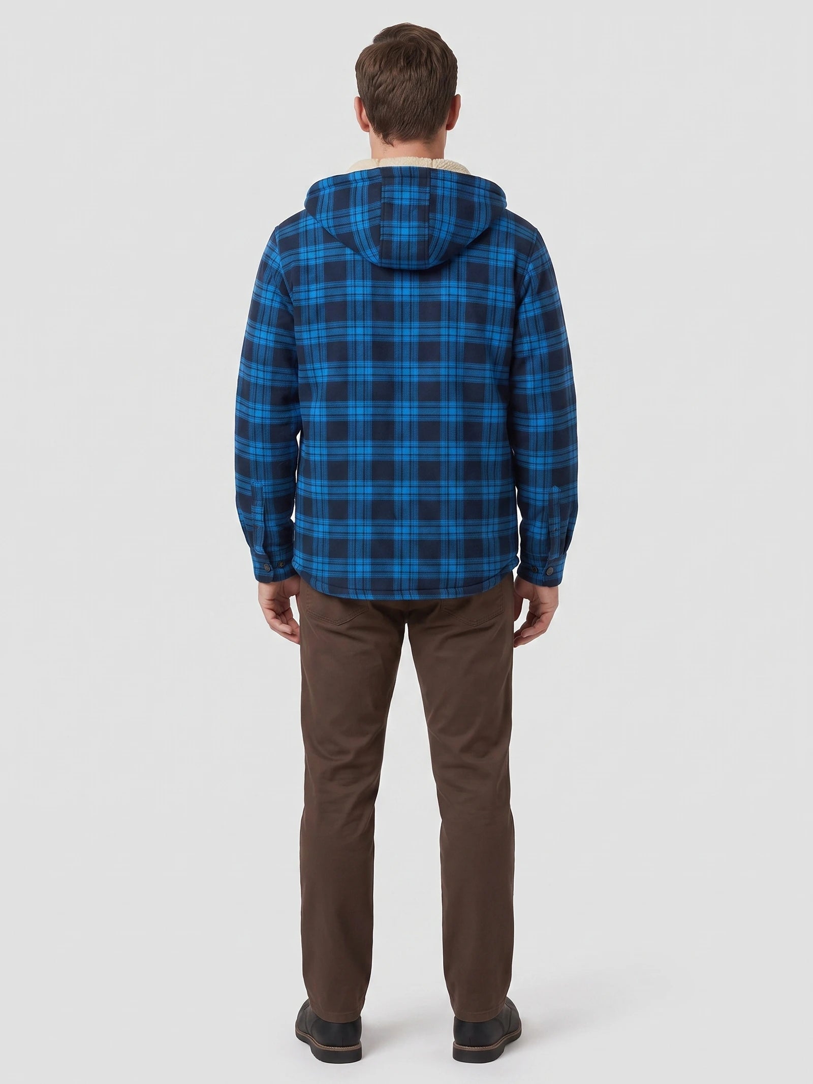 Men's Sherpa Lined Jacket, Hooded Check Button-Down Flannel Jacket