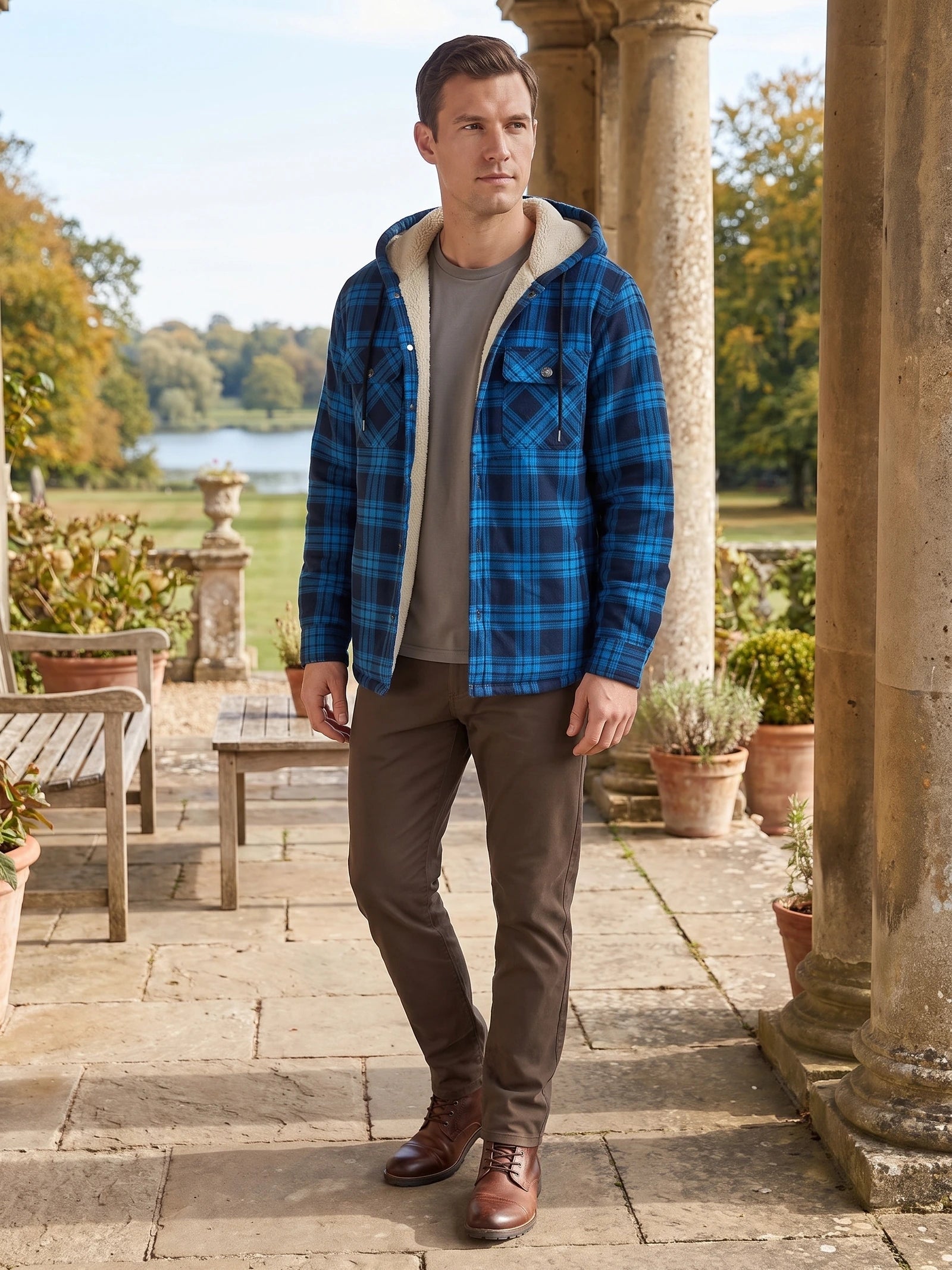 Men's Sherpa Lined Jacket, Hooded Check Button-Down Flannel Jacket