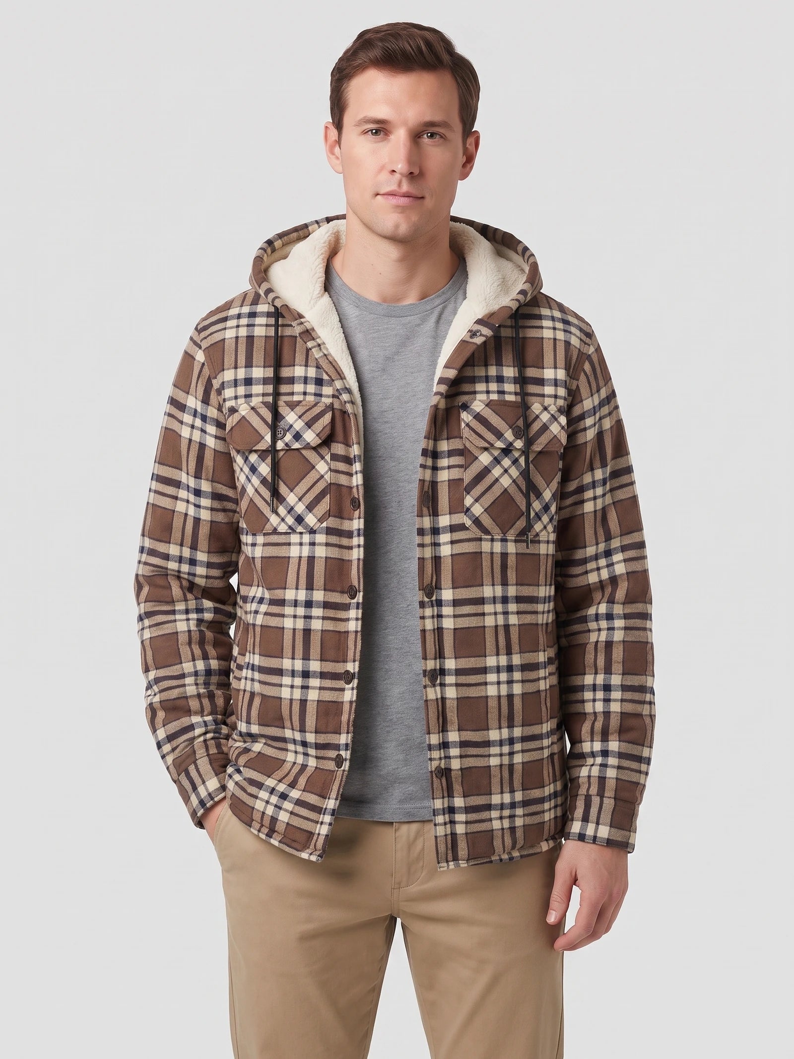 Men's Sherpa Lined Jacket, Hooded Check Button-Down Flannel Jacket