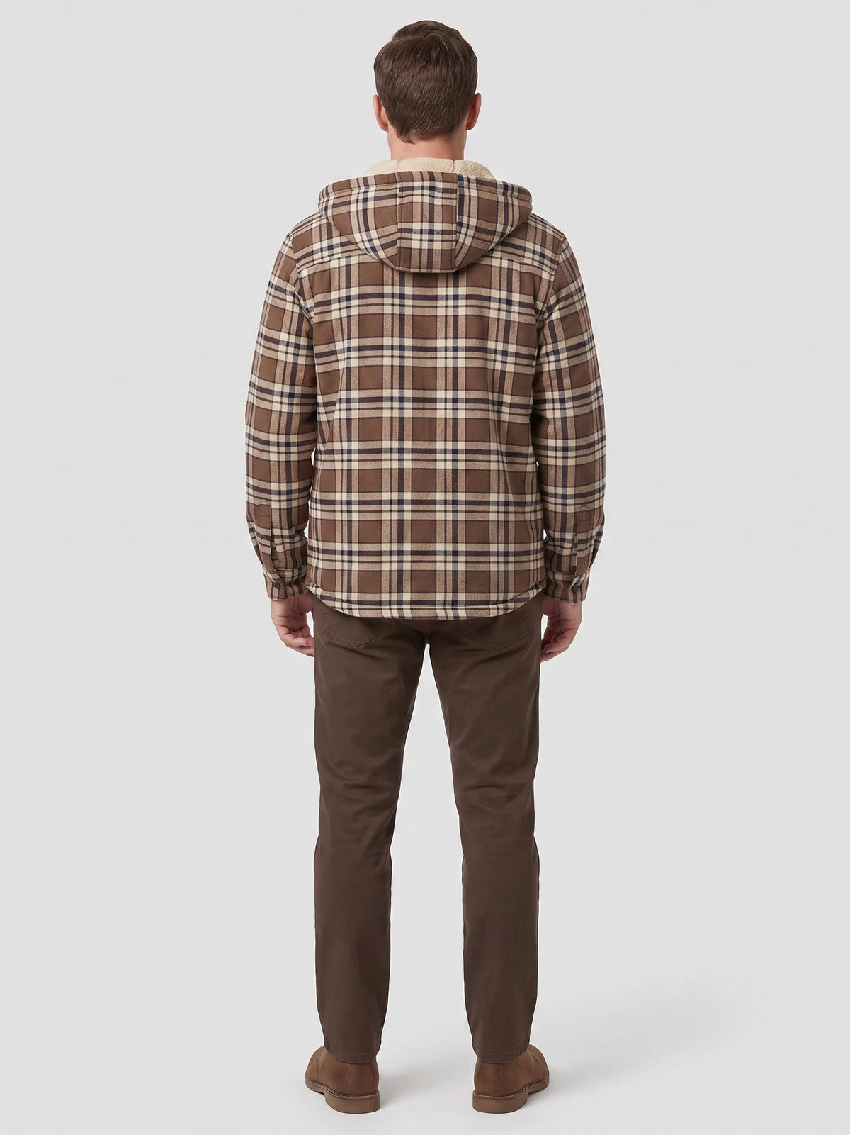 Men's Sherpa Lined Jacket, Hooded Check Button-Down Flannel Jacket