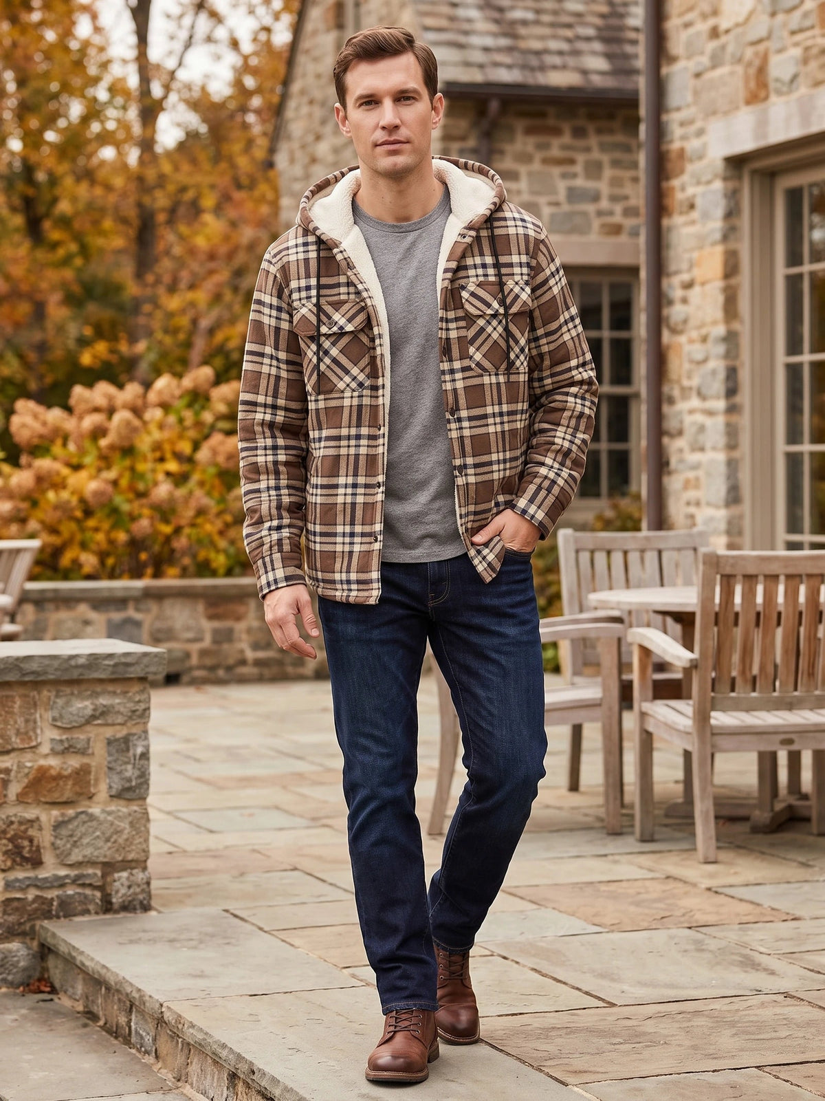 Men's Sherpa Lined Jacket, Hooded Check Button-Down Flannel Jacket