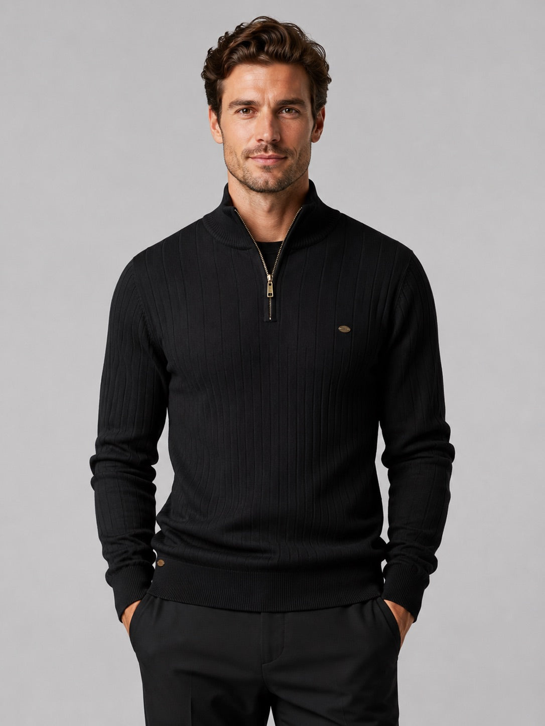 Men’s Quarter Zip Pullover Jumper Stand Collar Warm Cotton Knit Autumn Winter Top for Business Casual and Everyday Wear