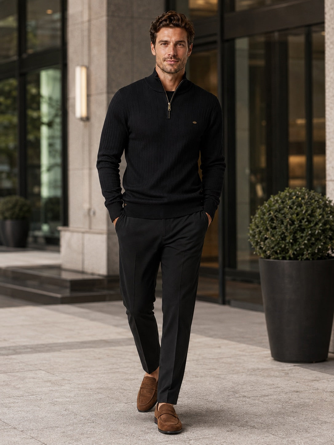 Men’s Quarter Zip Pullover Jumper Stand Collar Warm Cotton Knit Autumn Winter Top for Business Casual and Everyday Wear