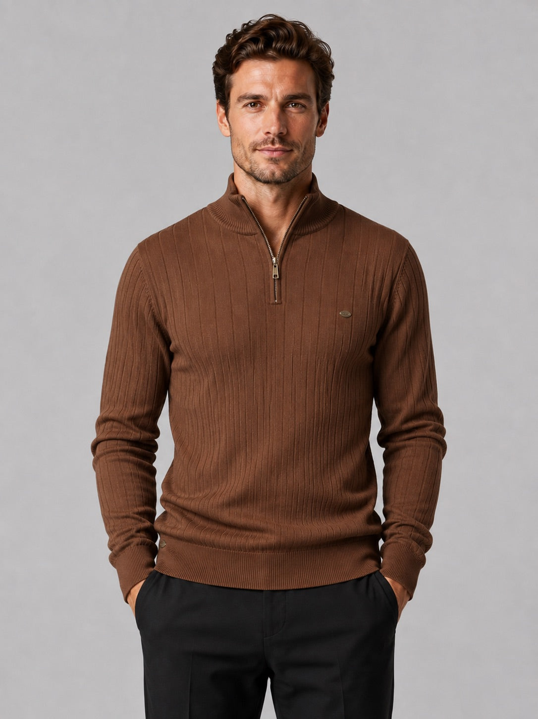 Men’s Quarter Zip Pullover Jumper Stand Collar Warm Cotton Knit Autumn Winter Top for Business Casual and Everyday Wear
