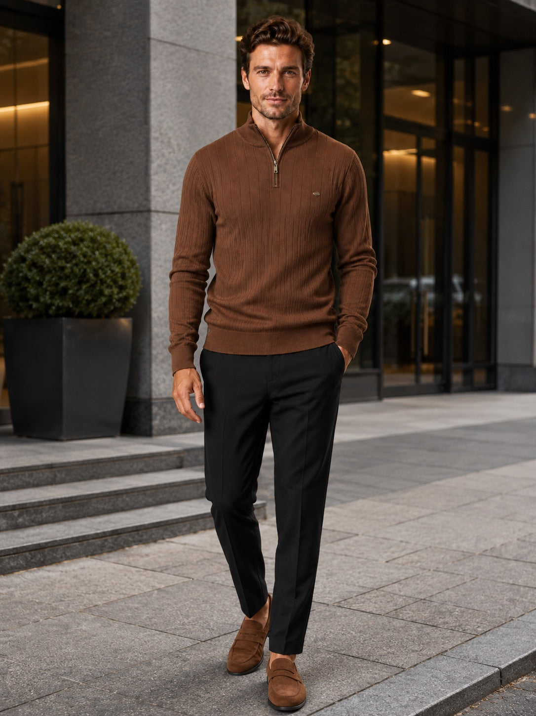 Men’s Quarter Zip Pullover Jumper Stand Collar Warm Cotton Knit Autumn Winter Top for Business Casual and Everyday Wear