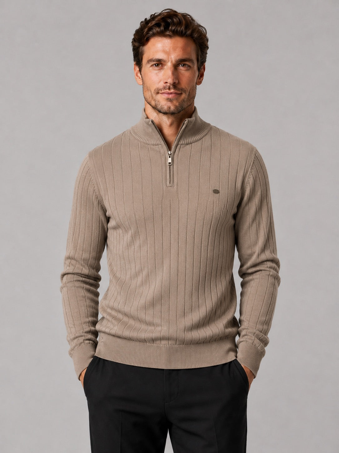 Men’s Quarter Zip Pullover Jumper Stand Collar Warm Cotton Knit Autumn Winter Top for Business Casual and Everyday Wear