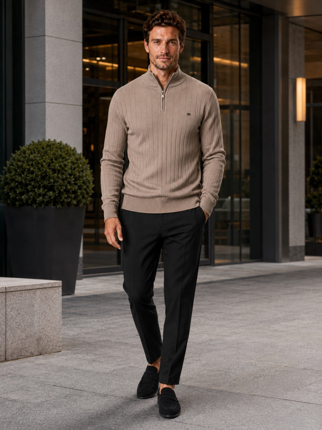 Men’s Quarter Zip Pullover Jumper Stand Collar Warm Cotton Knit Autumn Winter Top for Business Casual and Everyday Wear