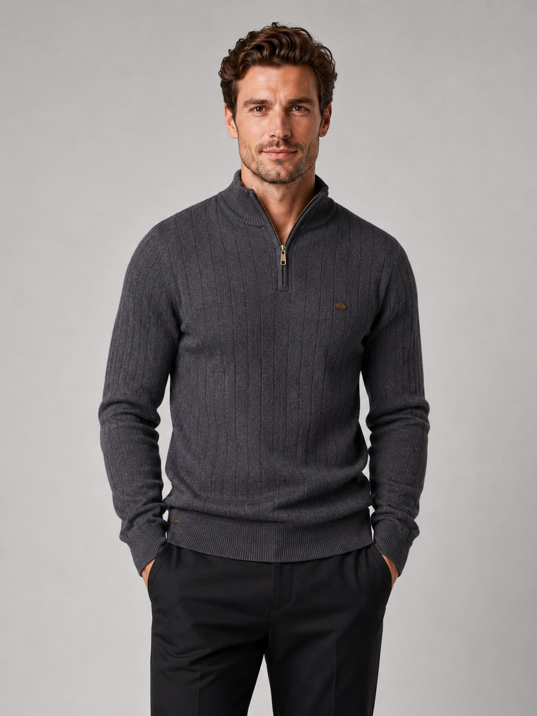 Men’s Quarter Zip Pullover Jumper Stand Collar Warm Cotton Knit Autumn Winter Top for Business Casual and Everyday Wear