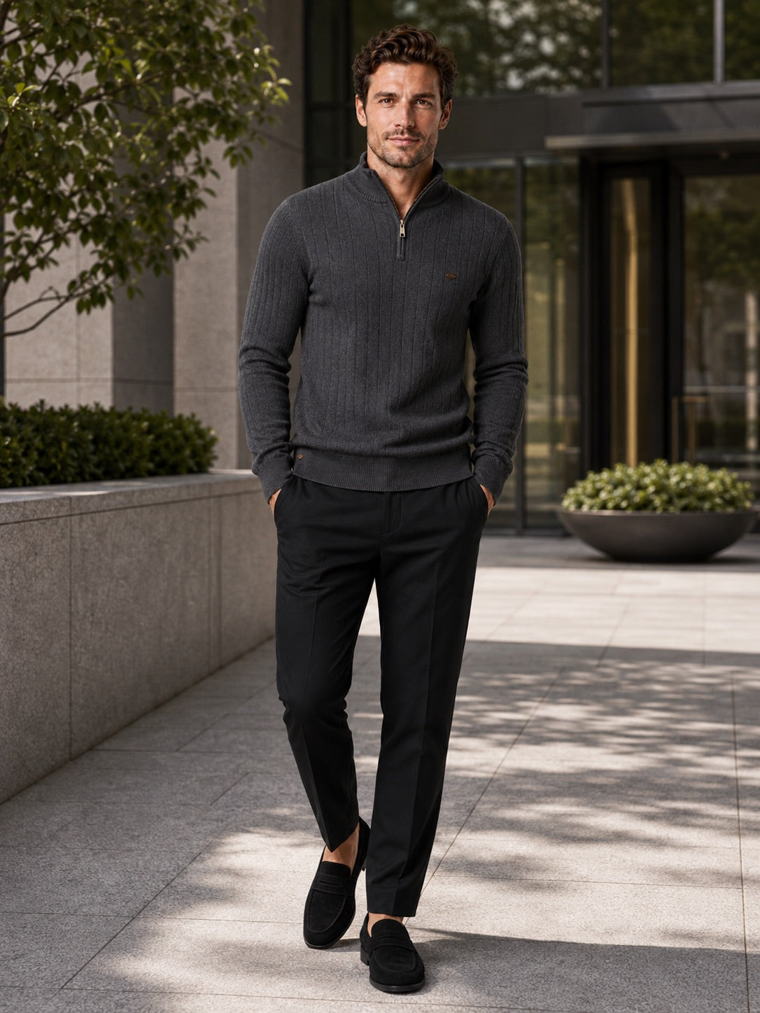 Men’s Quarter Zip Pullover Jumper Stand Collar Warm Cotton Knit Autumn Winter Top for Business Casual and Everyday Wear