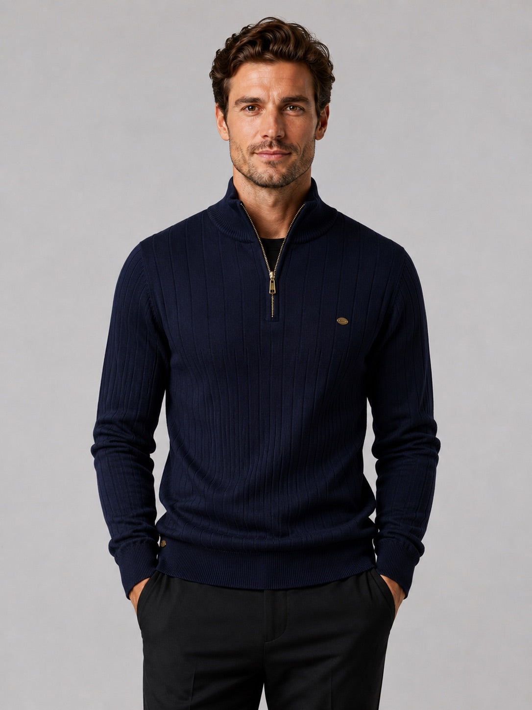 Men’s Quarter Zip Pullover Jumper Stand Collar Warm Cotton Knit Autumn Winter Top for Business Casual and Everyday Wear