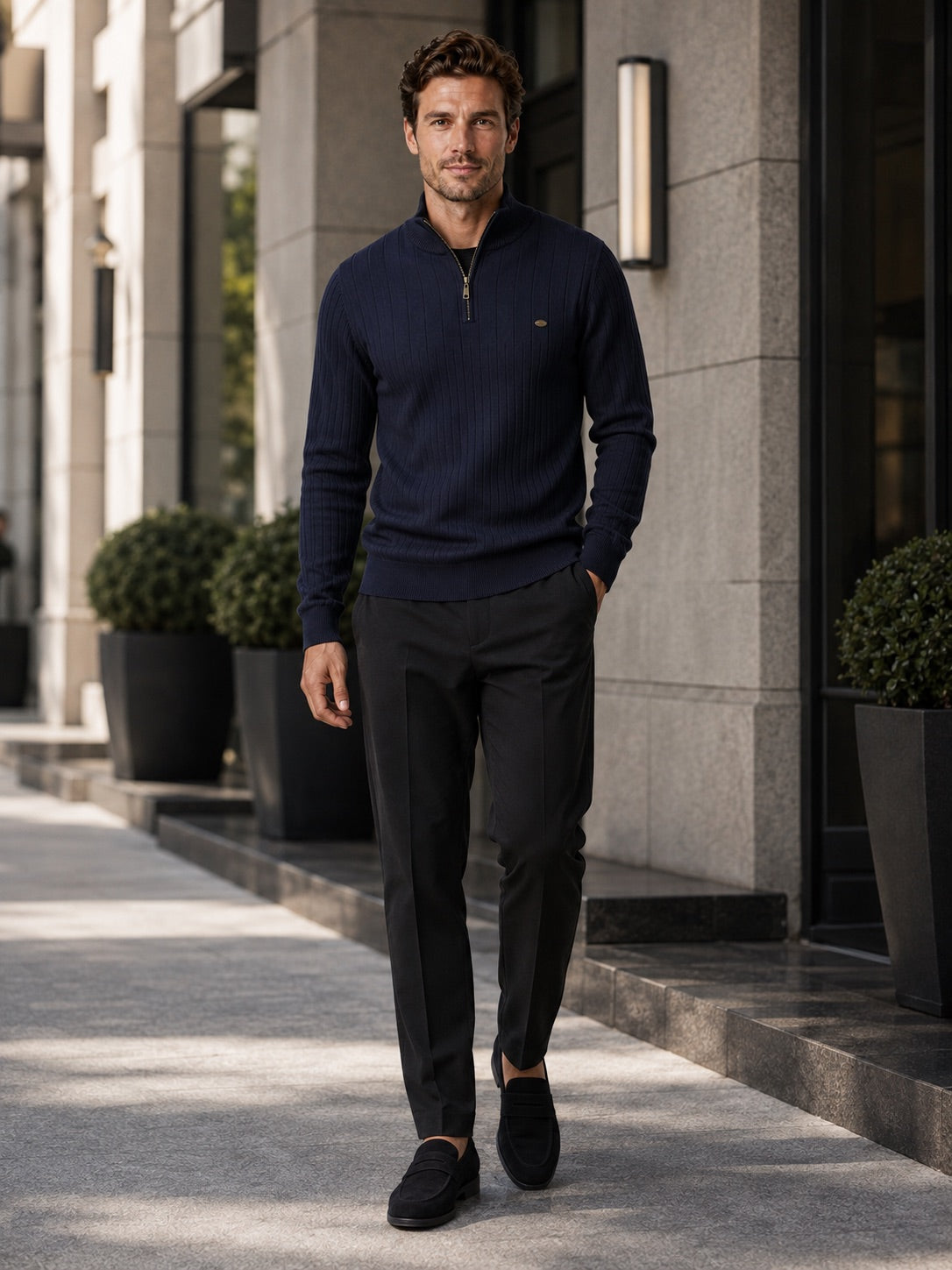 Men’s Quarter Zip Pullover Jumper Stand Collar Warm Cotton Knit Autumn Winter Top for Business Casual and Everyday Wear