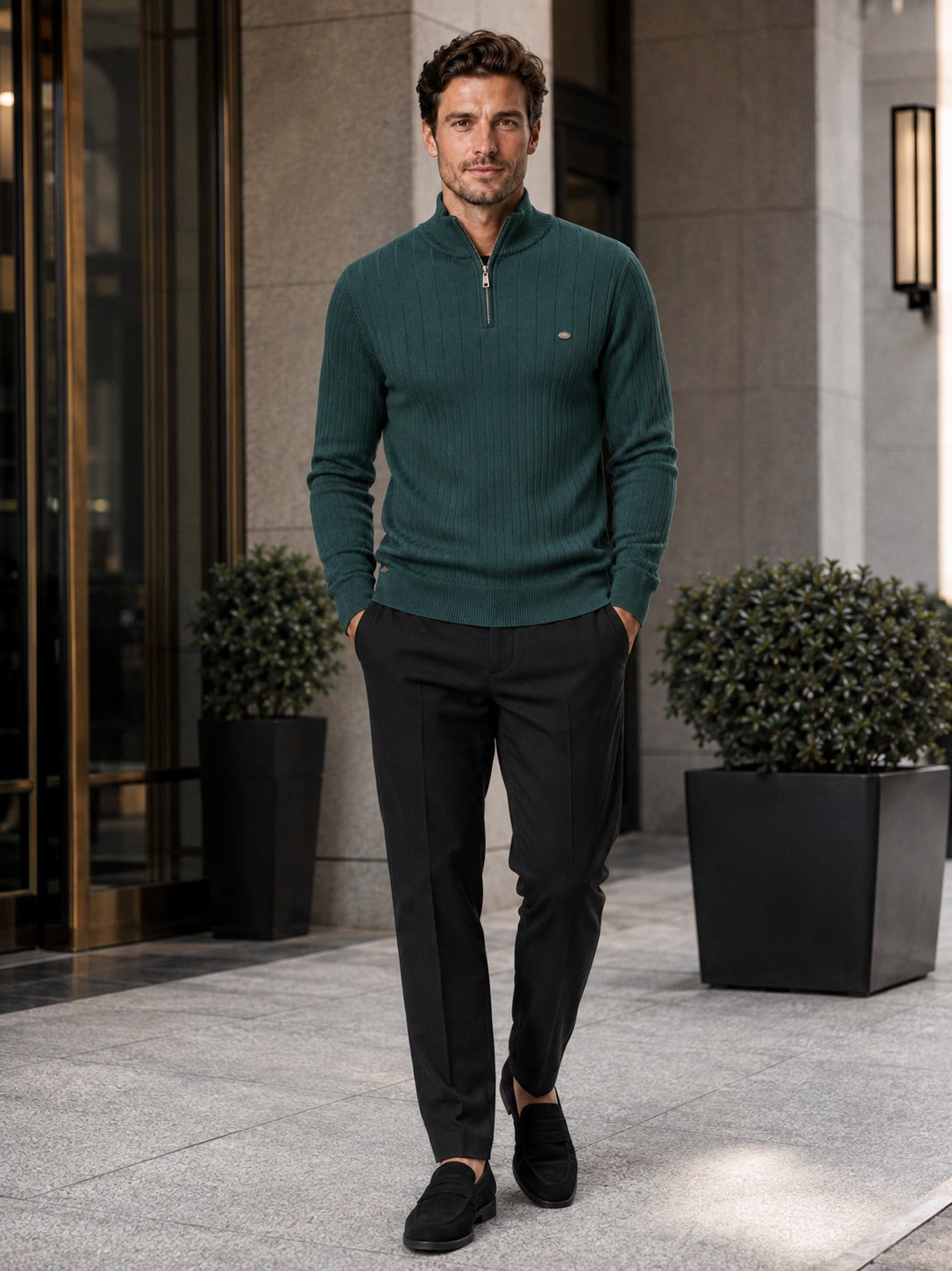 Men’s Quarter Zip Pullover Jumper Stand Collar Warm Cotton Knit Autumn Winter Top for Business Casual and Everyday Wear