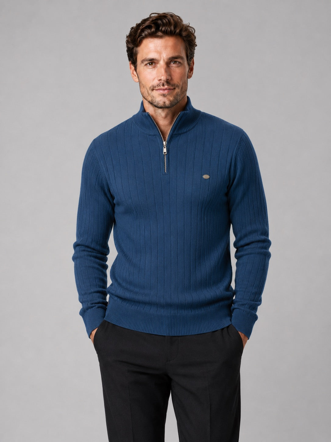 Men’s Quarter Zip Pullover Jumper Stand Collar Warm Cotton Knit Autumn Winter Top for Business Casual and Everyday Wear