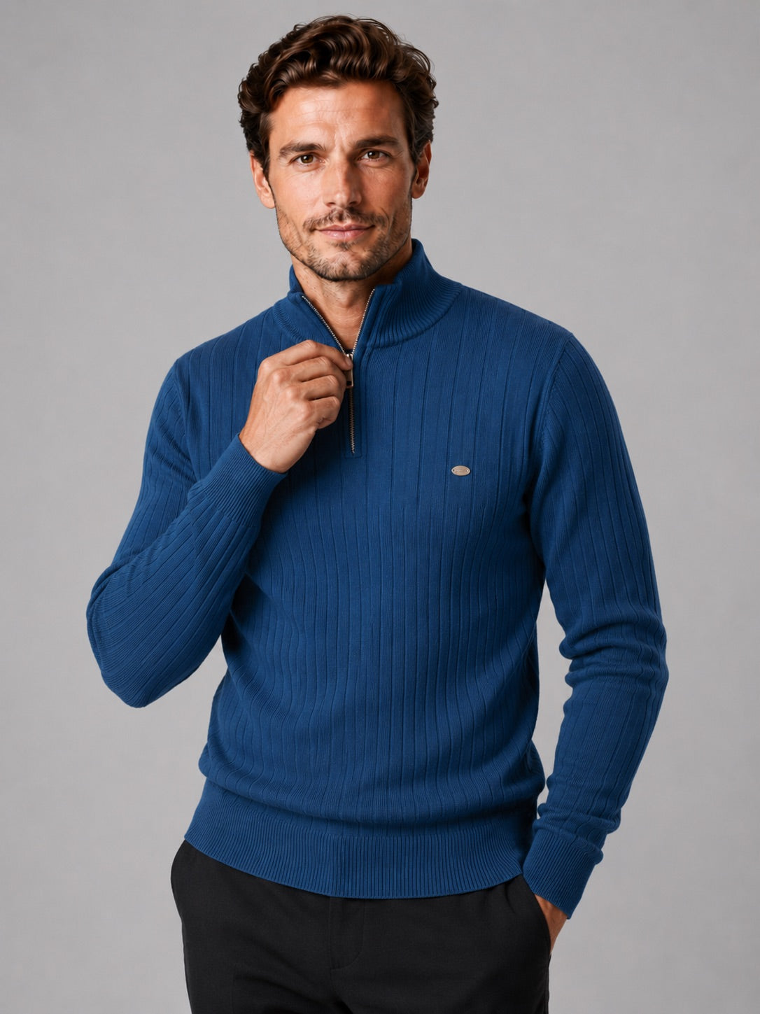 Men’s Quarter Zip Pullover Jumper Stand Collar Warm Cotton Knit Autumn Winter Top for Business Casual and Everyday Wear