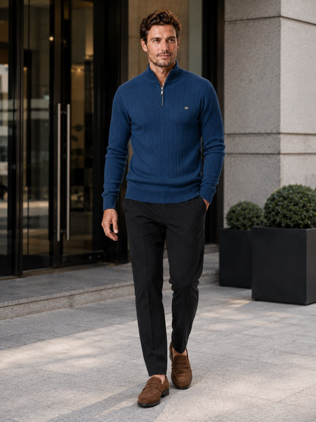 Men’s Quarter Zip Pullover Jumper Stand Collar Warm Cotton Knit Autumn Winter Top for Business Casual and Everyday Wear