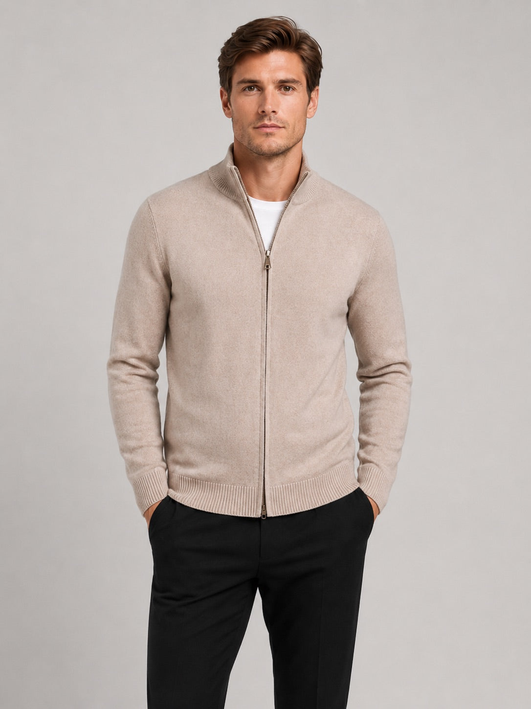 Men’s Full Zip Knit Jumper Stand Collar Slim Fit Warm Autumn Winter Cardigan for Business Casual and Everyday Wear